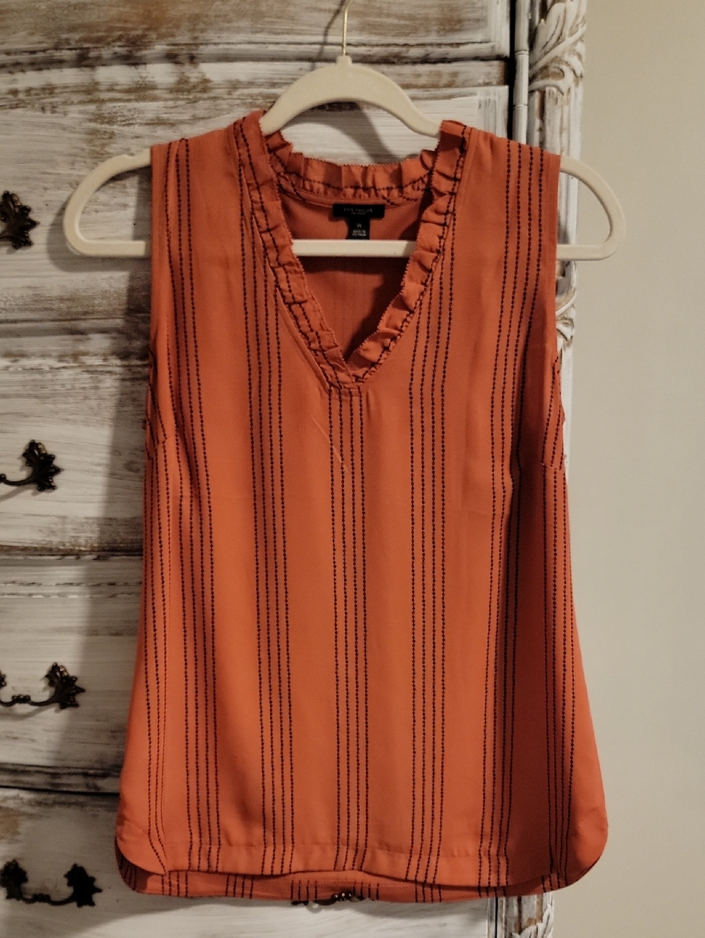 Ann Taylor Rust Sleeveless V-Neck Ruffle Trim Tank